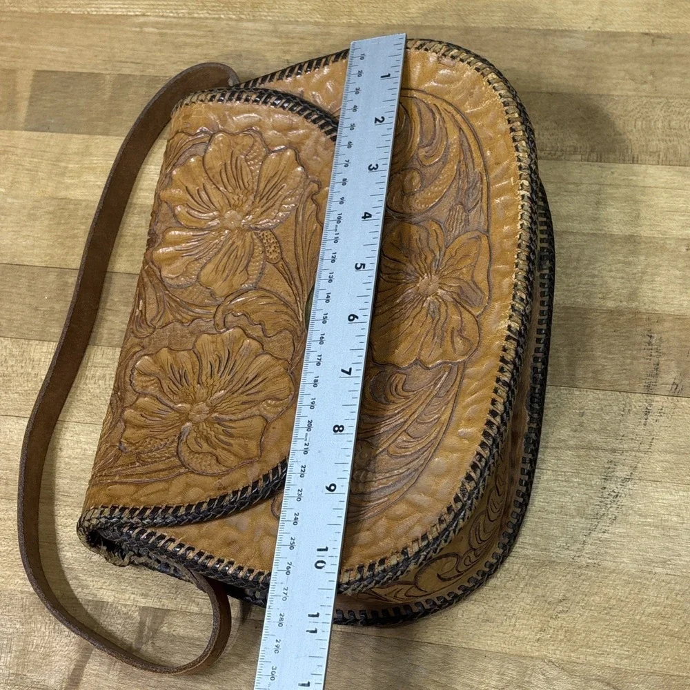 Vintage DCH Hand Tooled Leather Purse Floral Western Whipstitch Shoulder Bag